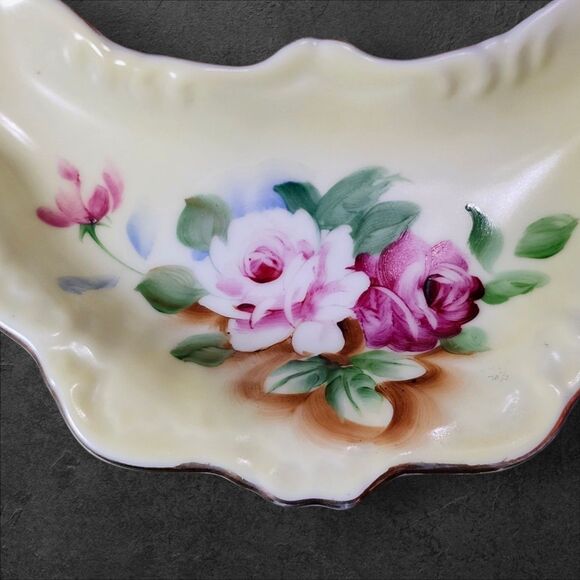 Andrea by Sadek Yellow Floral Bone Dish Gold Trim 6035X Vintage Vanity Decor - Picture 3 of 7